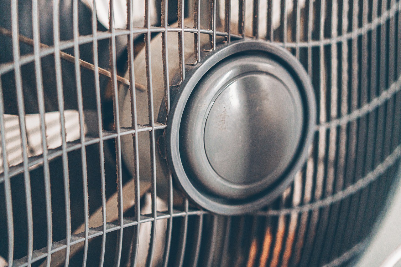 Meilleur ventilateur sur pied : le guide qui démonte le « Dyson = mieux » 5 Gros plan sur la grille et le moyeu central des pales d'un ventilateur