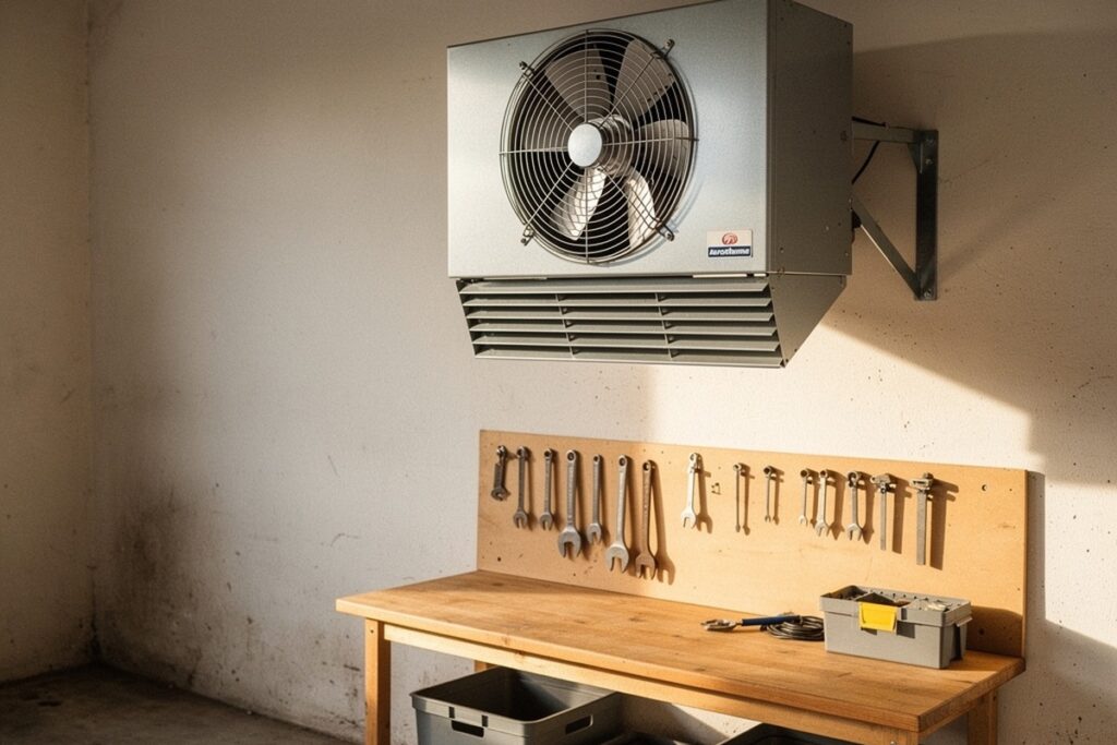 Aérotherme : comment ça marche et comment bien le choisir 10 Aérotherme fixé en hauteur dans un atelier-garage, établi et outils en dessous
