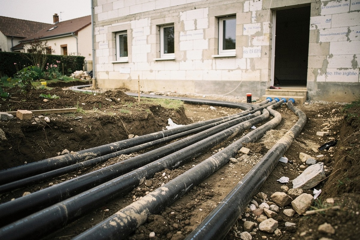 Tuyaux de capteurs géothermiques horizontaux posés dans une tranchée devant une maison