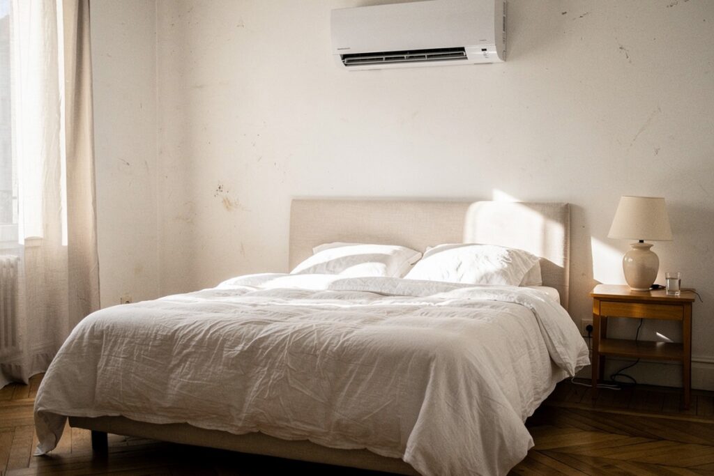 Chambre lumineuse avec un climatiseur mural au-dessus de la tête de lit
