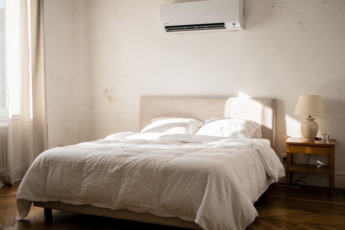Chambre lumineuse avec un climatiseur mural au-dessus de la tête de lit