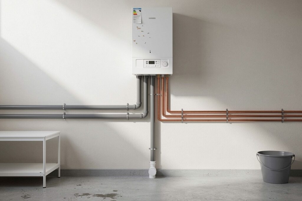 Chaudière à condensation murale avec tuyauteries et évacuation des condensats dans un local technique