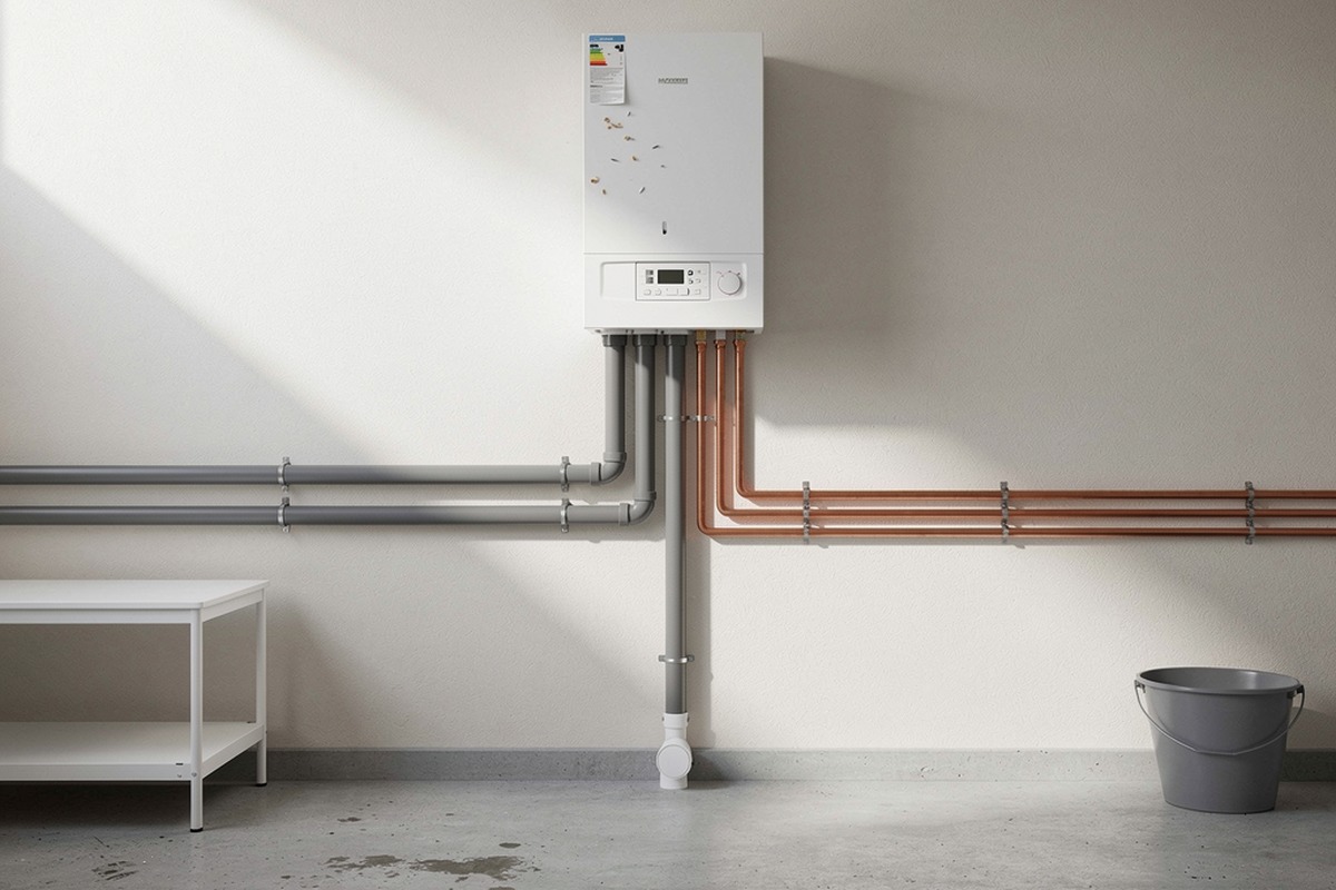 Chaudière à condensation murale avec tuyauteries et évacuation des condensats dans un local technique