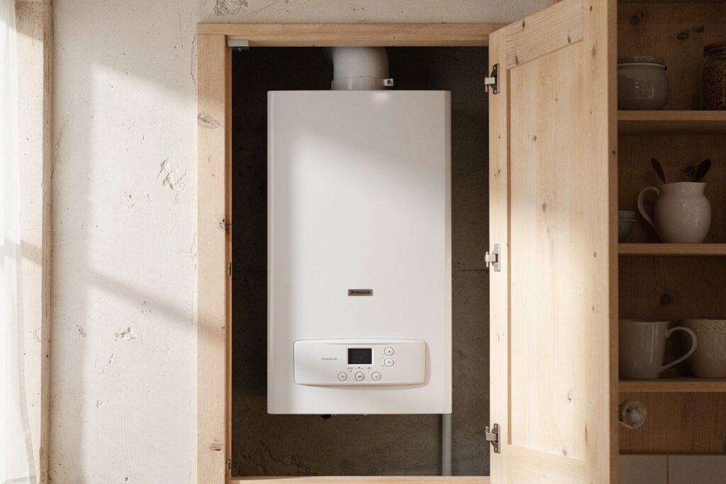 Chauffage au gaz : pour qui ça reste pertinent en 2026 (et pour qui c'est fini) 5 Chaudière gaz murale blanche dans un placard de cuisine lumineux