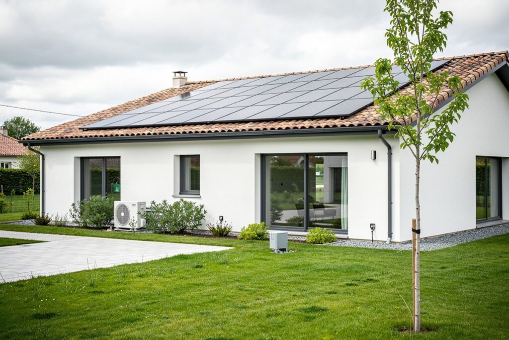 Maison de plain-pied avec panneaux solaires sur le toit et jardin