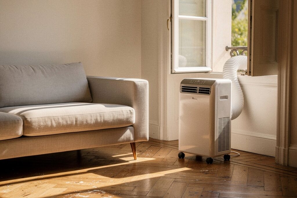 Climatiseur mobile : vaut-il vraiment le coup ? 9 Climatiseur mobile blanc dans un salon lumineux, tuyau d évacuation passé par la fenêtre