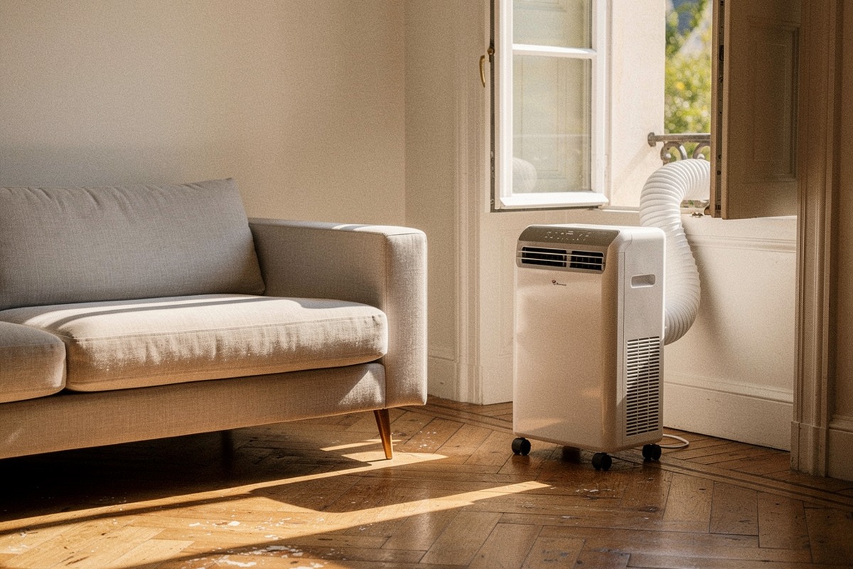 Climatiseur mobile blanc dans un salon lumineux, tuyau d évacuation passé par la fenêtre