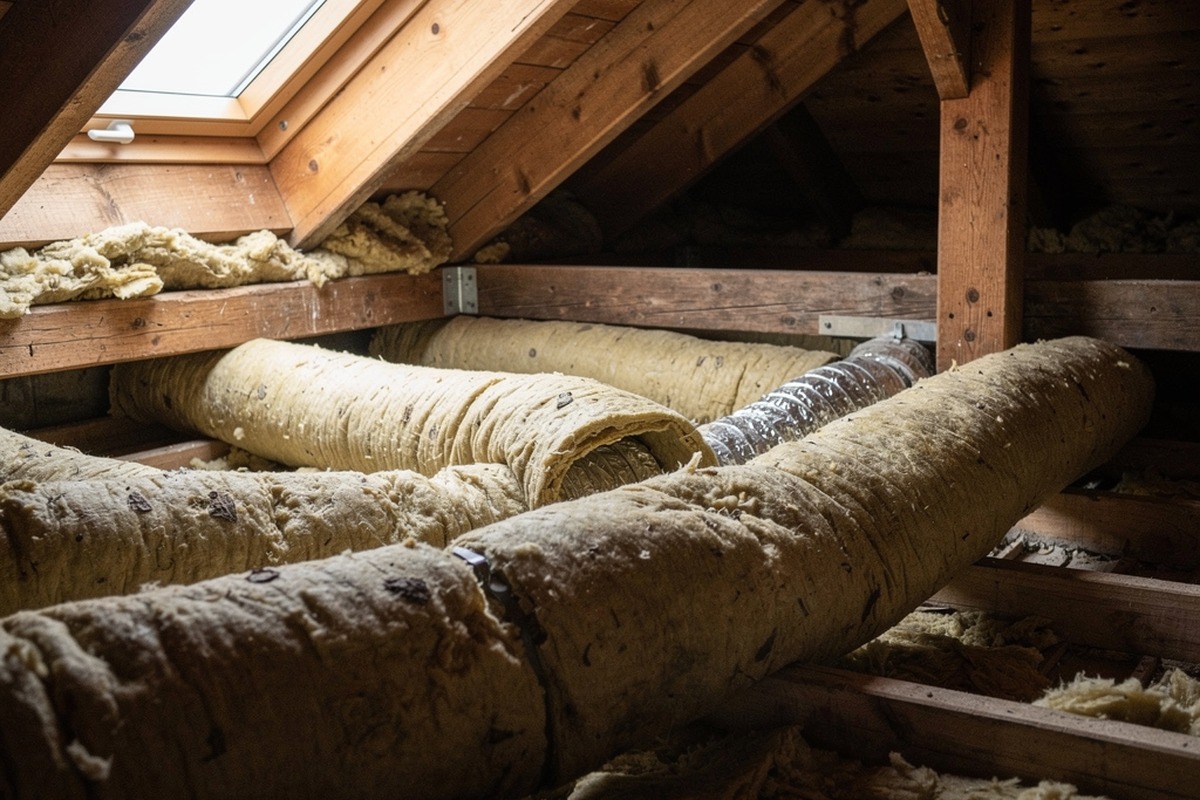 Gaines de ventilation isolées à la laine minérale entre les solives d'un comble
