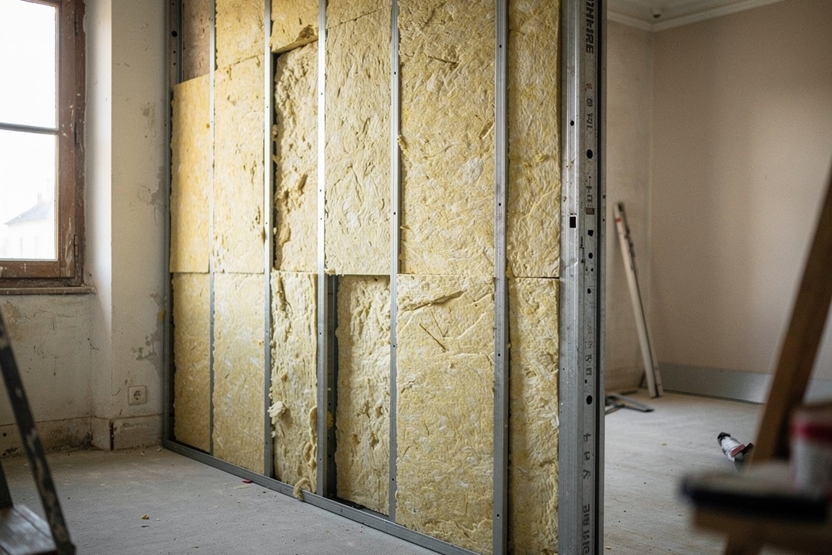 Isolation d'un mur par laine minérale entre les montants métalliques