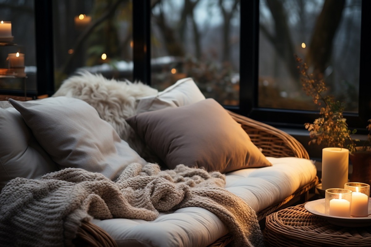 Coin lecture cosy en rotin avec plaid, coussins et bougies devant une baie vitrée