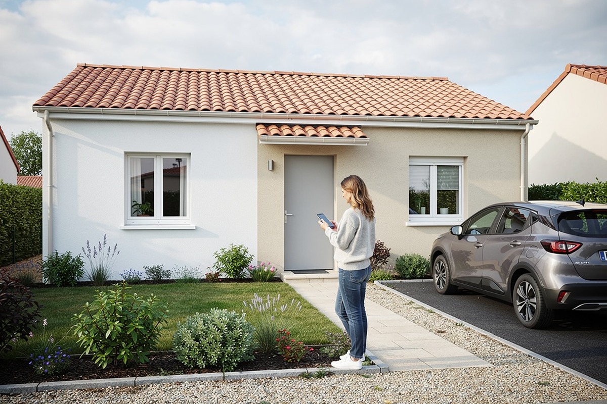 Femme consultant son smartphone devant une maison de plain-pied
