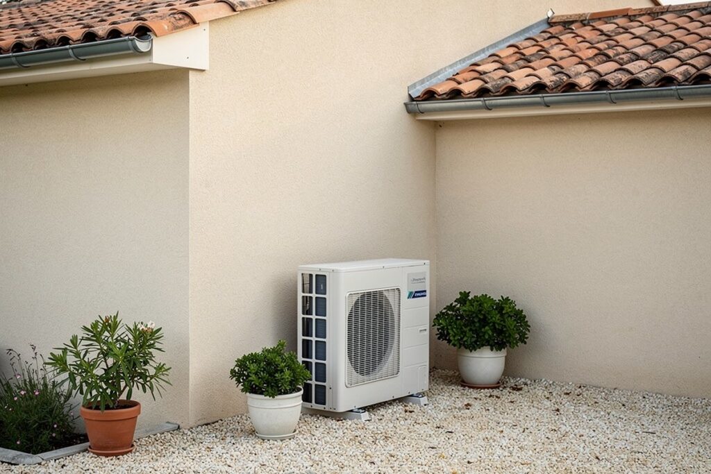 Unité extérieure de pompe à chaleur au pied d une maison, plantes en pot