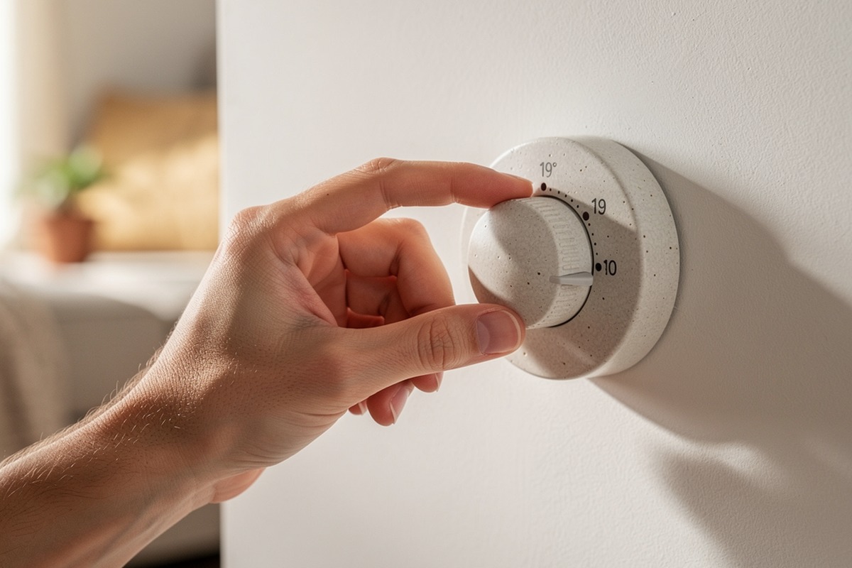 Main réglant la molette d'un thermostat mural sur 19 degrés