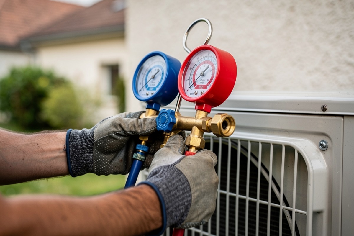Mains gantées raccordant un manifold à manomètres sur le groupe extérieur d'une pompe à chaleur