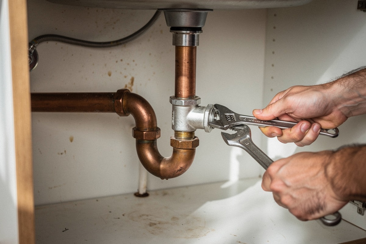 Mains serrant un raccord de siphon en cuivre sous un évier