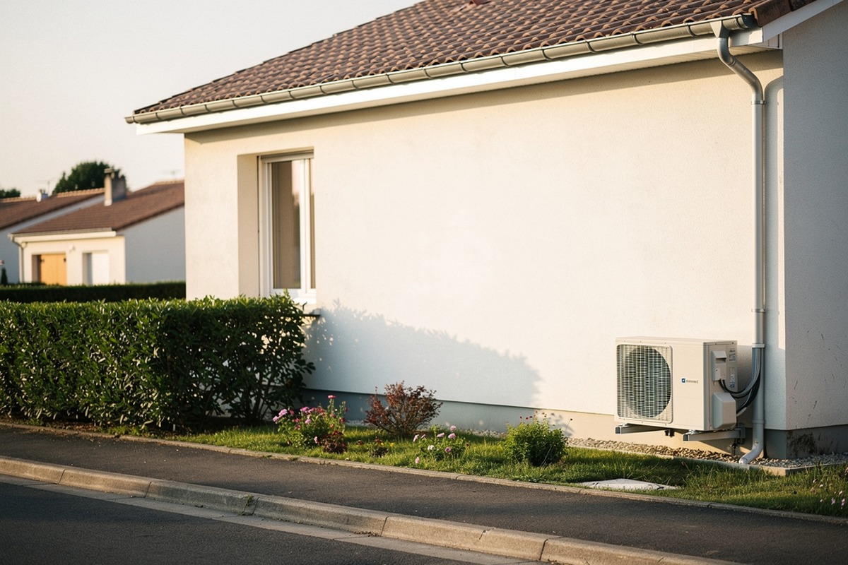 Pavillon avec une pompe à chaleur fixée sur le mur latéral