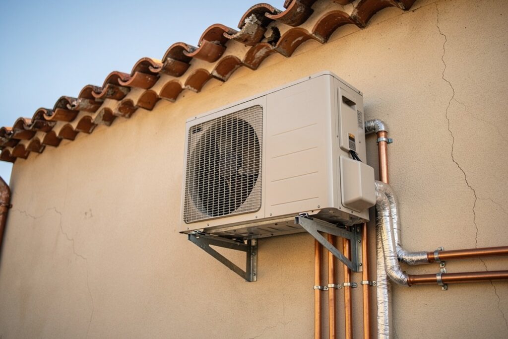Prix d’une pompe à chaleur selon la surface de la maison 3 Unité extérieure de pompe à chaleur fixée en façade sous un toit de tuiles