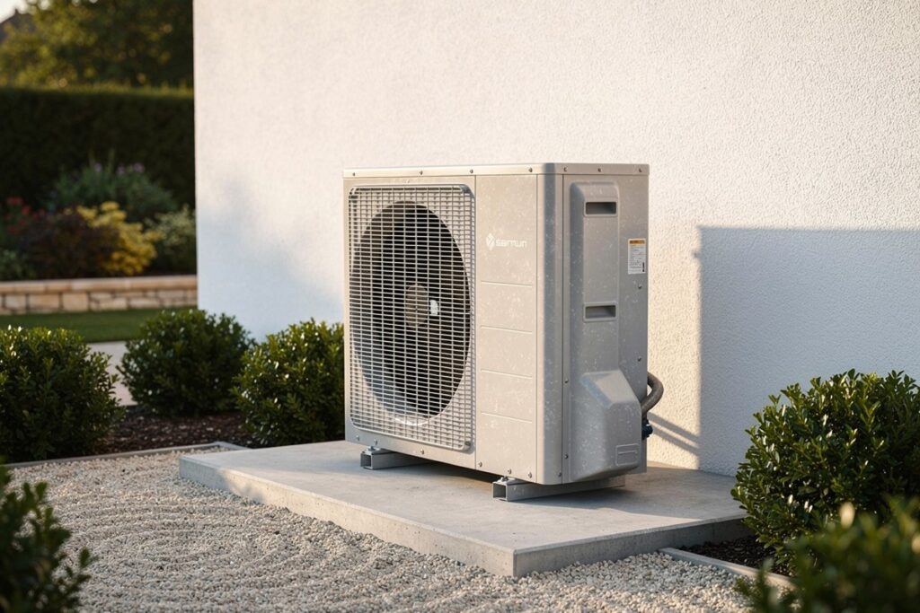 PAC air-air ou air-eau : laquelle choisir ? 2 Unité extérieure de pompe à chaleur posée au pied d une maison, jardin gravillonné