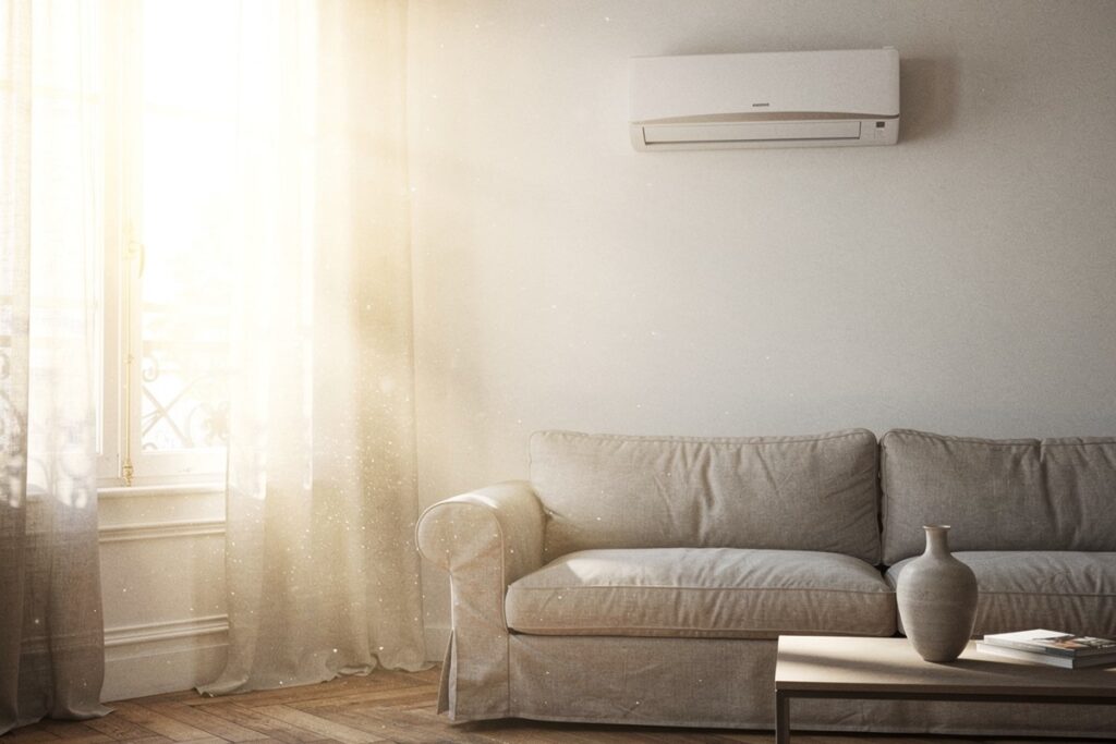 Salon baigné de soleil en été avec un climatiseur mural au-dessus du canapé