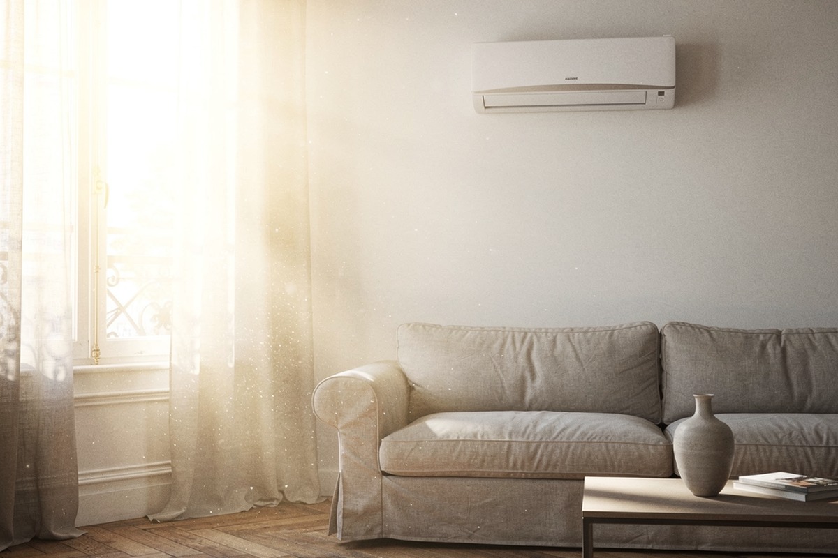 Arnaque au prix du climatiseur pendant la canicule : comment ne pas payer trop cher 2 Salon baigné de soleil en été avec un climatiseur mural au-dessus du canapé
