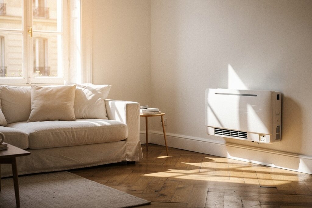 Salon lumineux avec un climatiseur monobloc posé près de la fenêtre