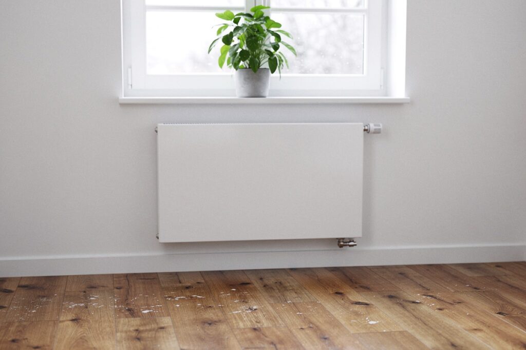 Chauffages "modernes" : ce qui se pose vraiment en 2026 (micro-cogénération, hydrogène, solaire, inertie) 8 Salon clair avec un radiateur plat blanc sous la fenêtre