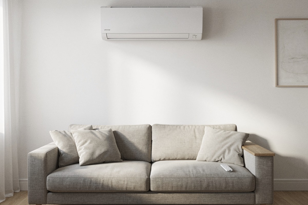 Climatisation et ventilation : comment les choisir et les combiner pour l'été 3 Unité murale de climatiseur au-dessus d'un canapé, télécommande sur l'accoudoir