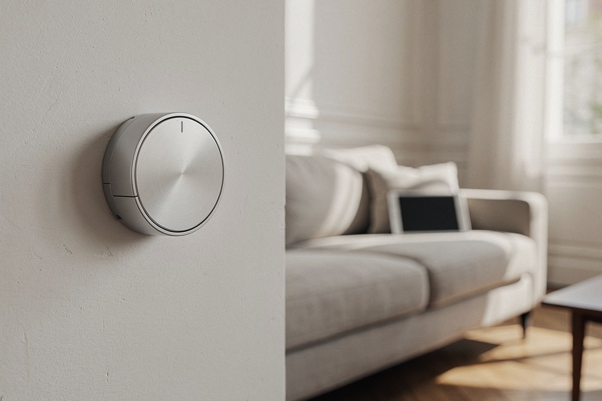 Comment choisir son système de chauffage : la méthode (logement, coûts, aides) 3 Thermostat mural à molette dans un salon lumineux