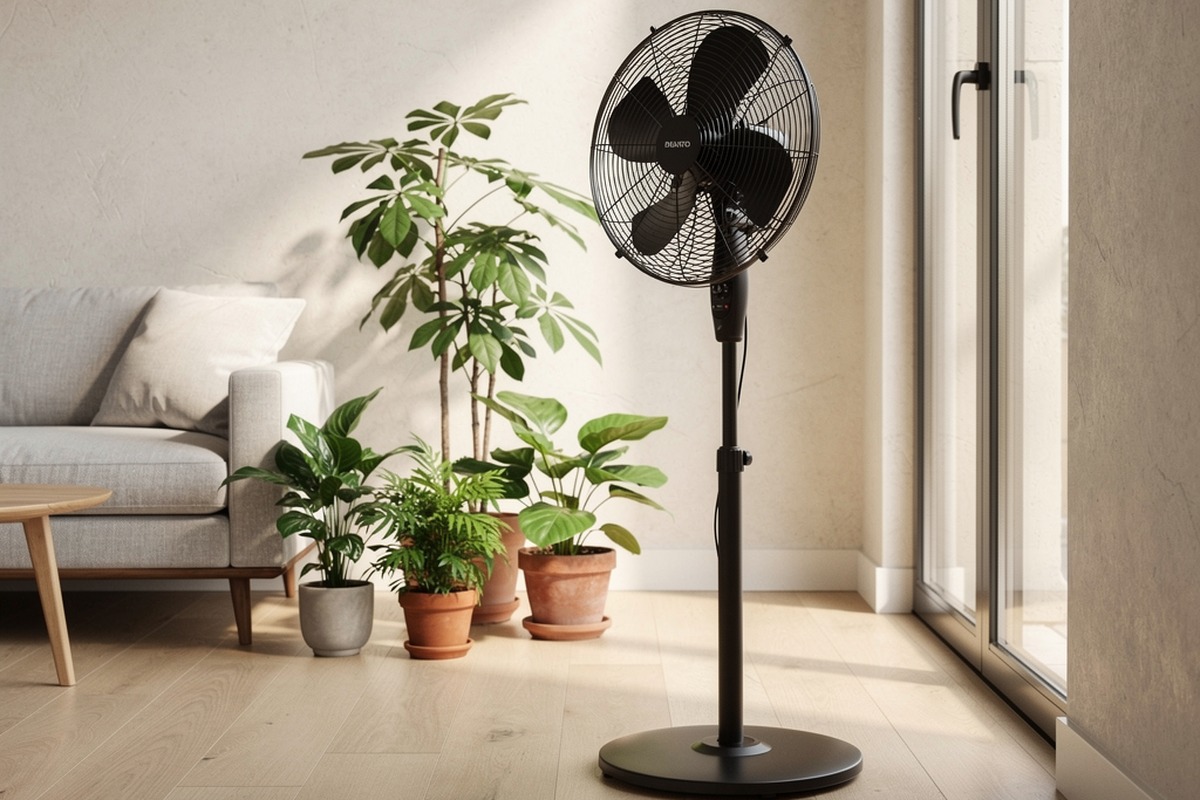 Ventilateur sur pied noir dans un salon lumineux avec des plantes