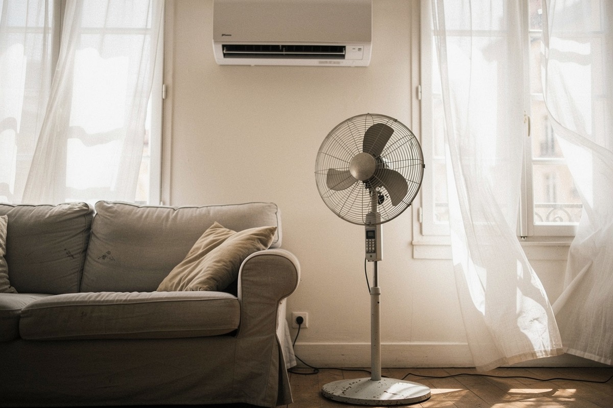 Ventilateur sur pied dans un salon avec un climatiseur mural