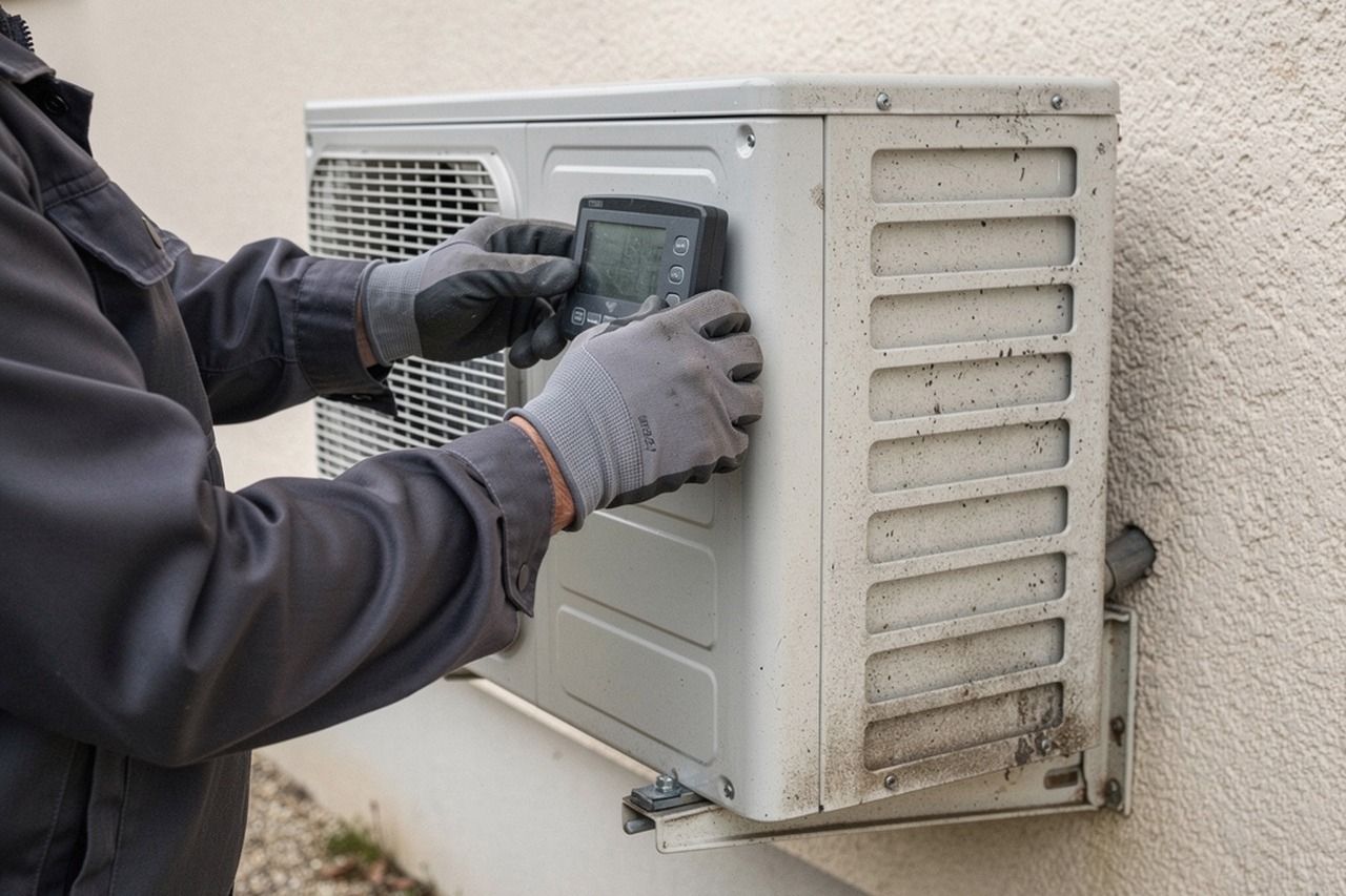 Pompe à chaleur MaPrimeRénov' 2027 : la sortie du mono-geste 3 Technicien ajustant une pompe à chaleur extérieure générique installée contre un mur de maison